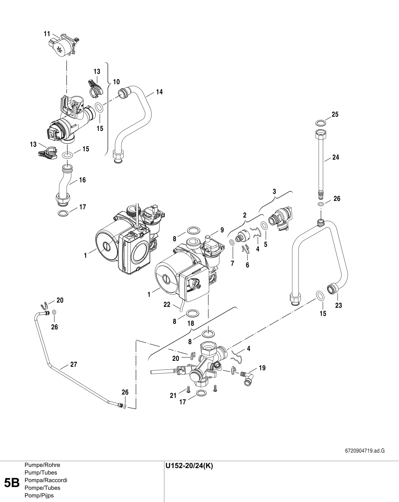 Schéma éclaté Pompe/Tubes B — Buderus U152-20/24(K)