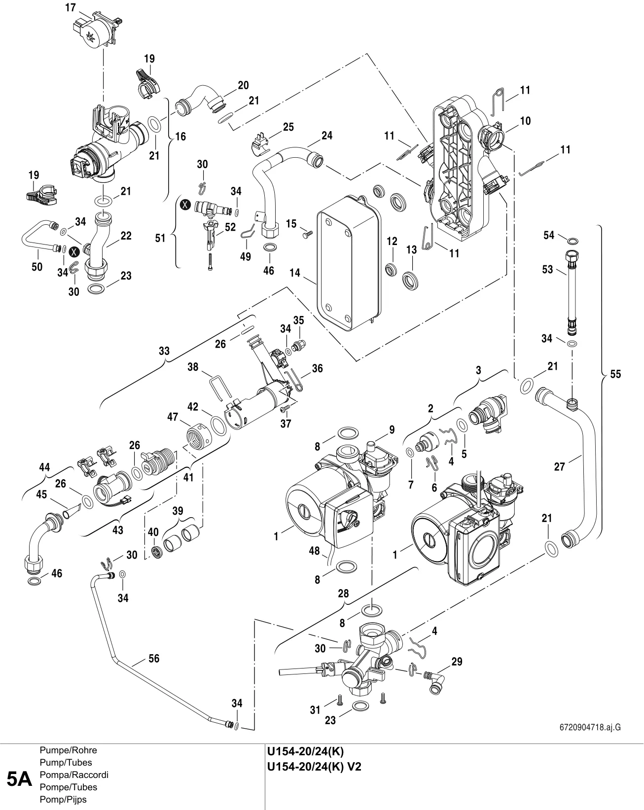 Schéma éclaté Pompe/Tubes A (5) — Buderus U154-20/24(K) (V2)