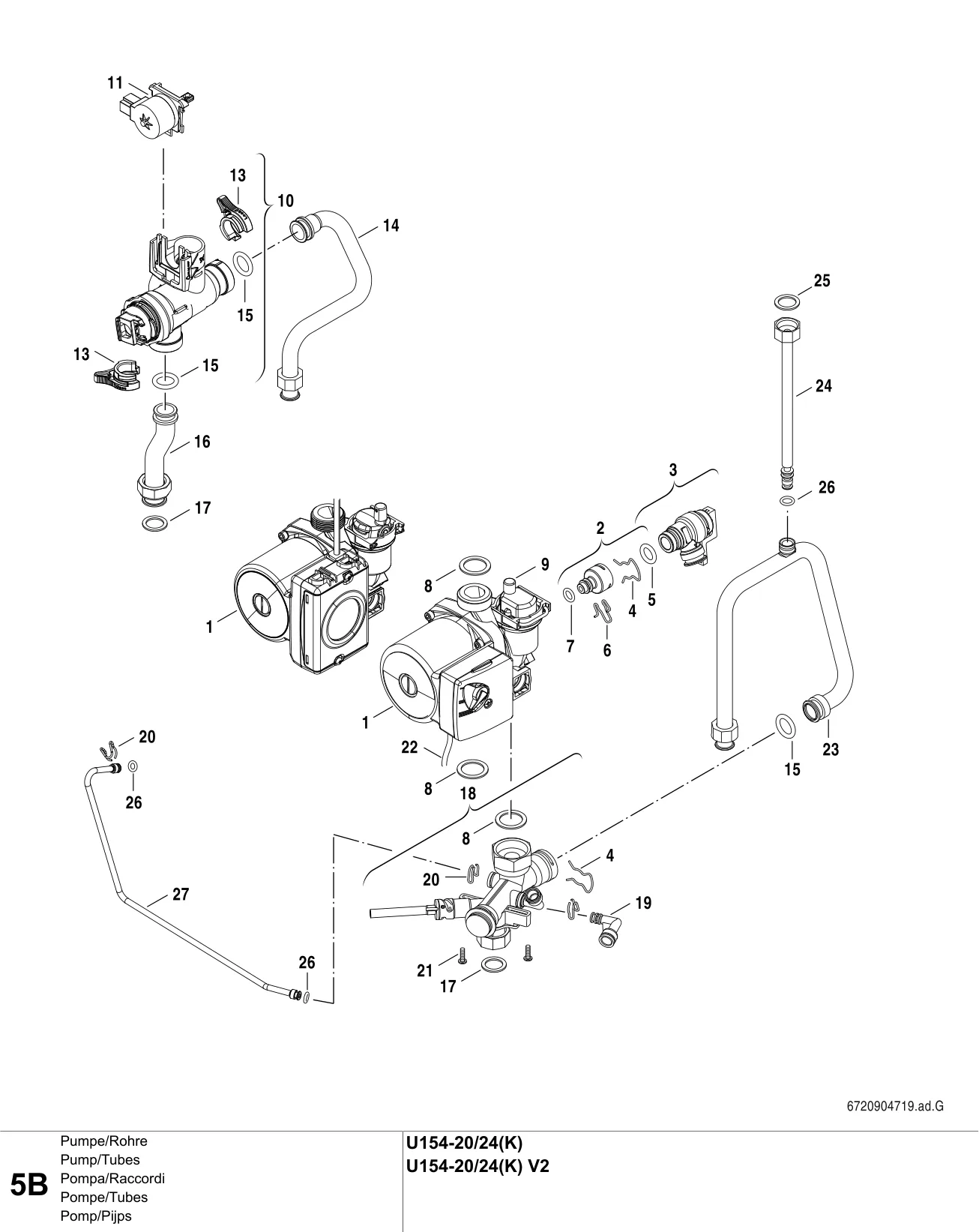 Schéma éclaté Pompe/Tubes B — Buderus U154-20/24(K) (V2)