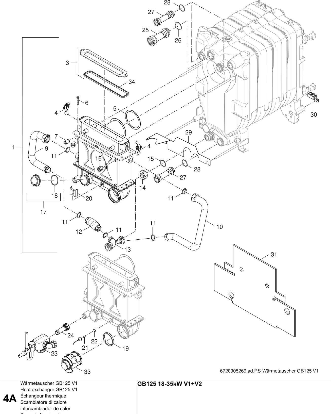 Schéma éclaté Wärmetauscher GB125 V1 A — Buderus GB125 V1, V2 18-35kW