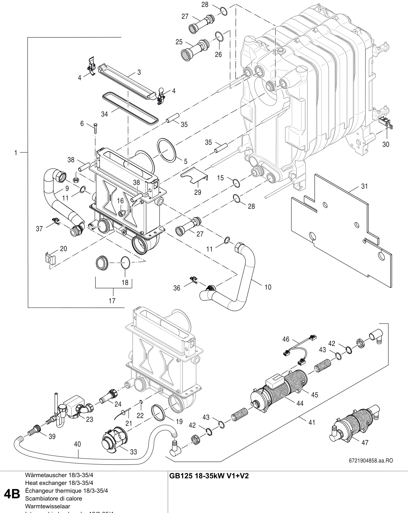 Schéma éclaté Échangeur thermique 18/3-35/4 B — Buderus GB125 V1, V2 18-35kW