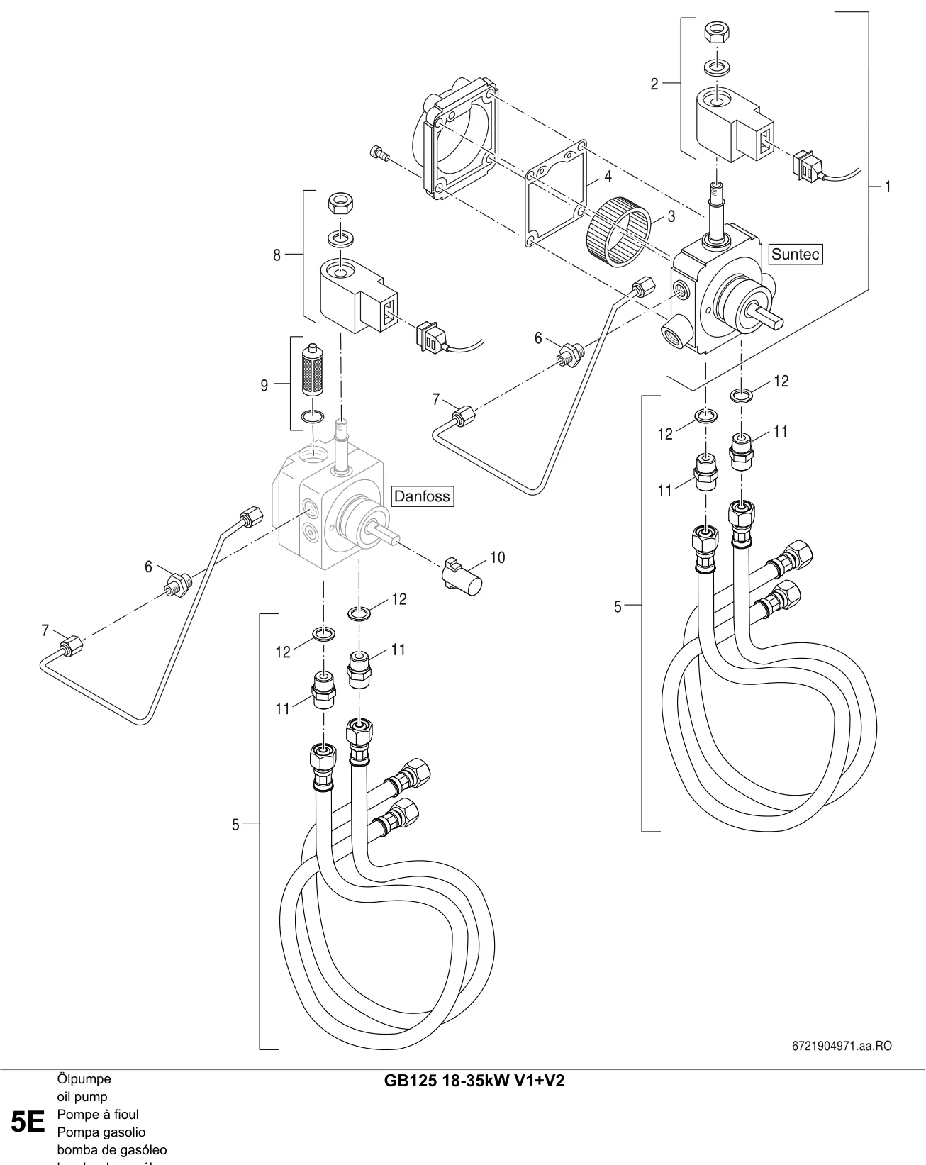 Schéma éclaté Pompe à fioul E — Buderus GB125 V1, V2 18-35kW