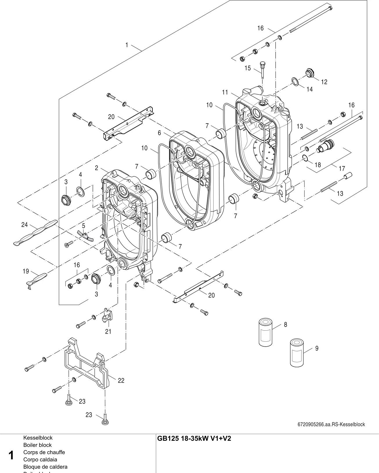 Schéma éclaté Corps de chauffe — Buderus GB125 V1, V2 18-35kW
