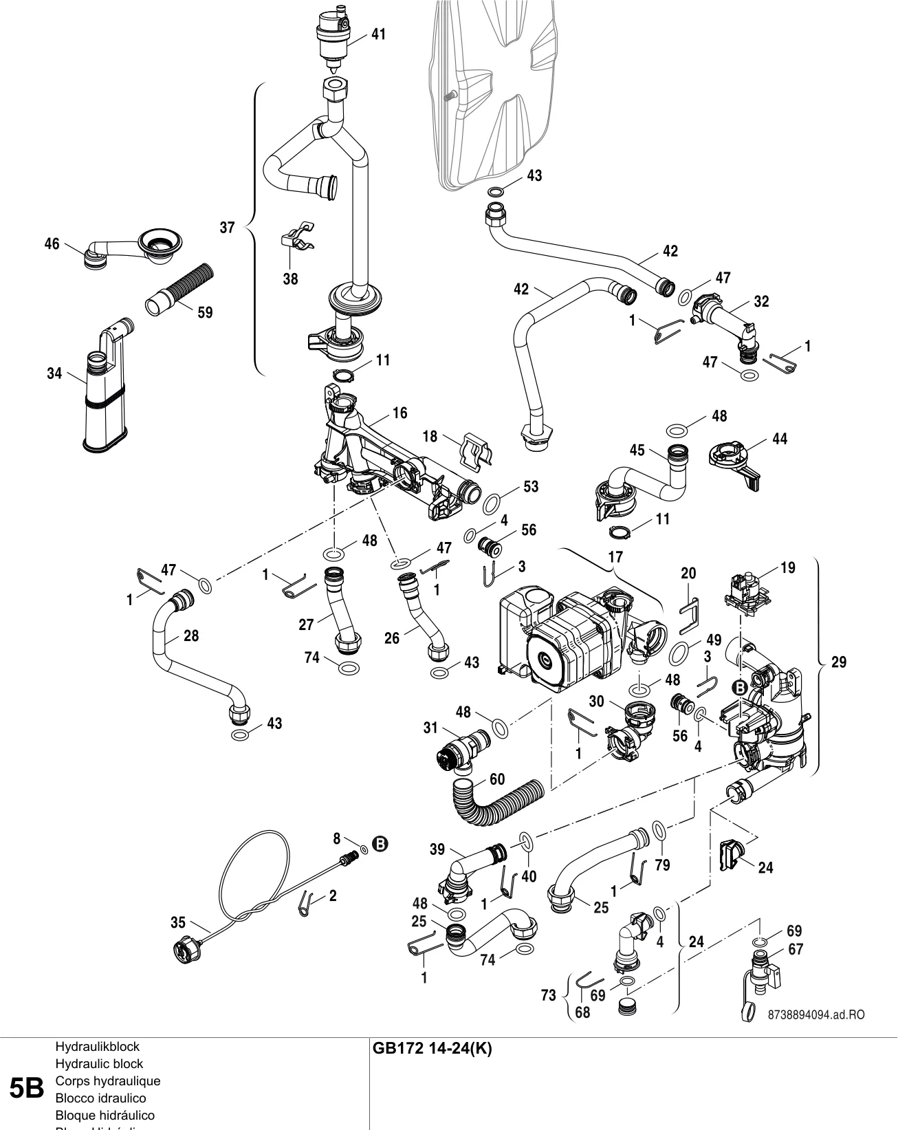 Explosietekening Corps hydraulique B — Buderus GB172 14-24(K)