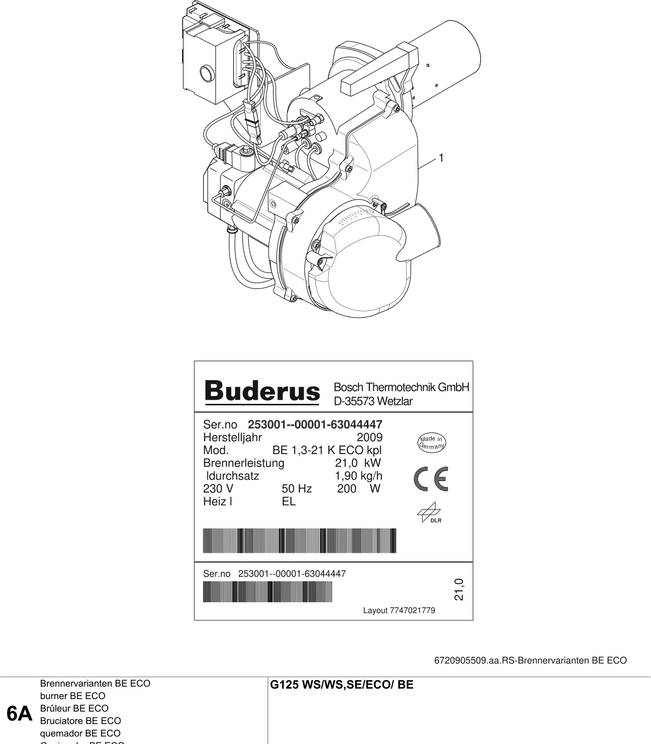 Explosietekening Brûleur BE ECO A — Buderus G125 WS/ECO/-BE