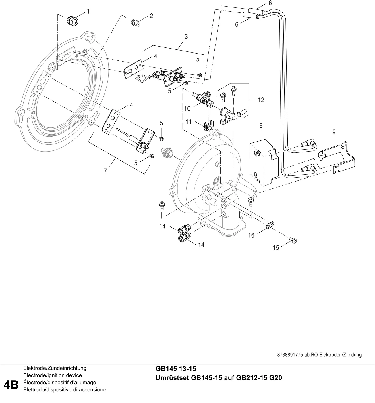 Explosietekening Électrode/dispositif d'allumage B — Buderus GB145 13/15kW