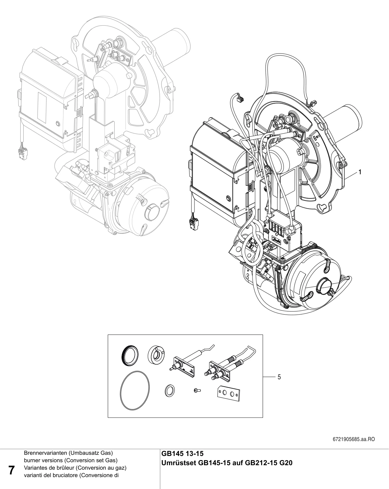 Explosietekening Variantes de brûleur (Conversion au gaz) — Buderus GB145 13/15kW