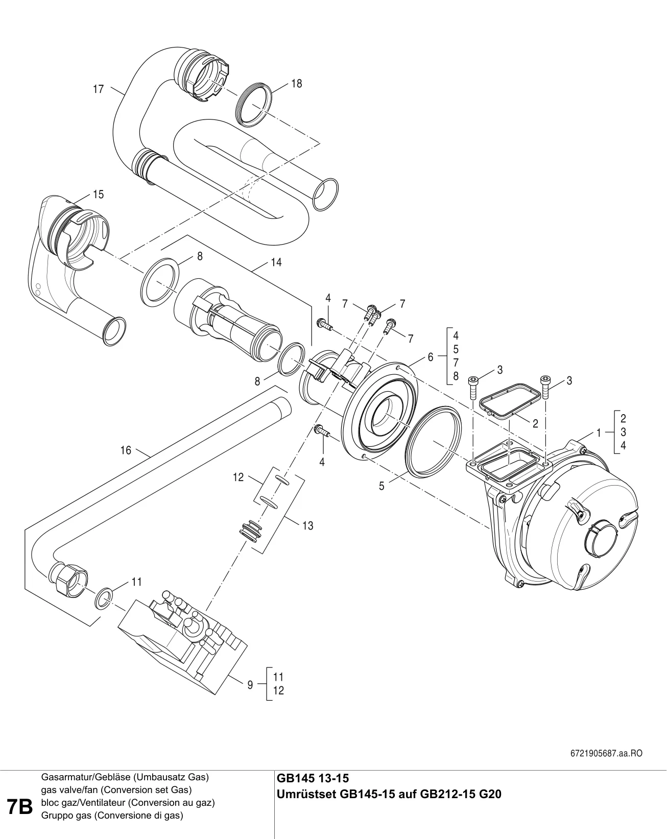 Explosietekening bloc gaz/Ventilateur (Conversion au gaz) B — Buderus GB145 13/15kW