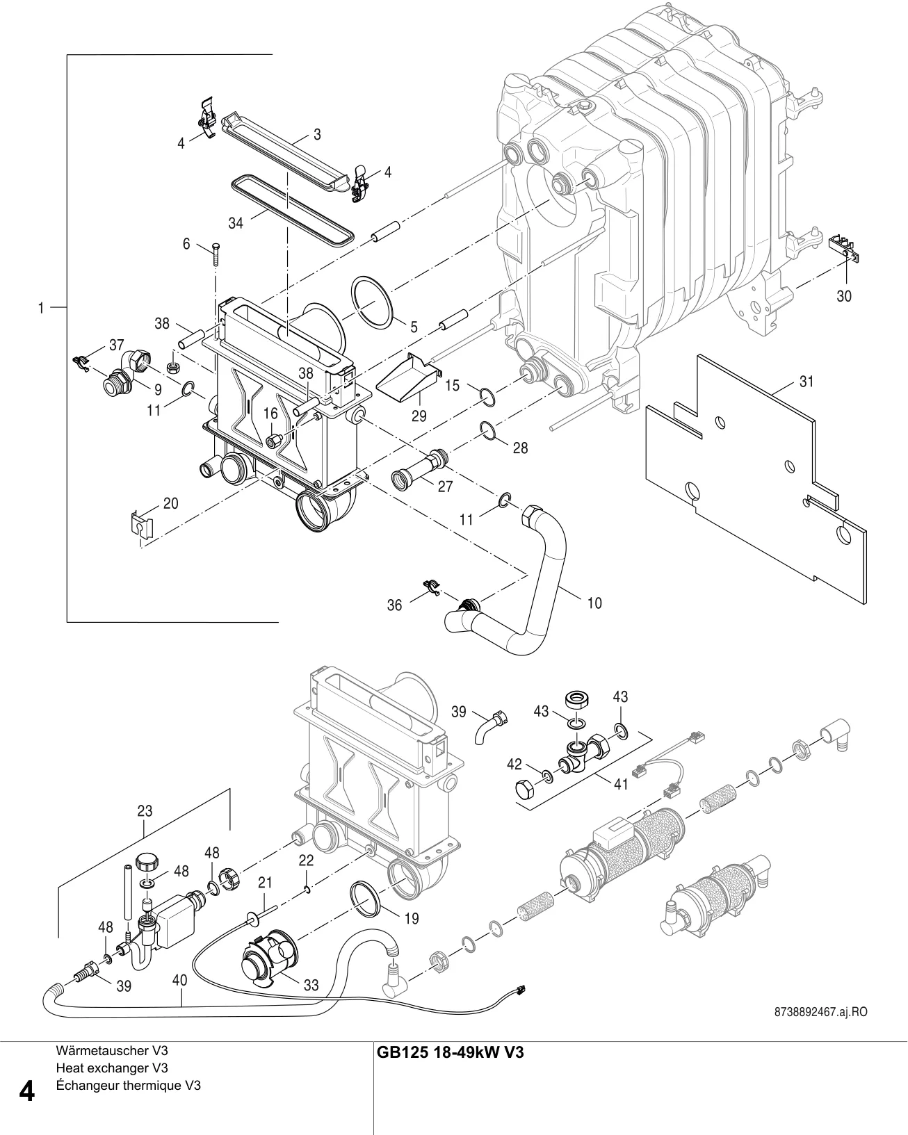 Explosietekening Échangeur thermique V3 — Buderus GB125 18-49kW BE V3