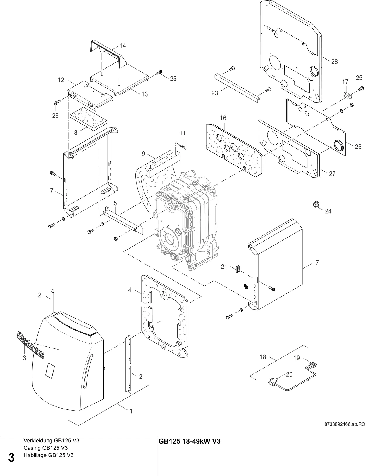Explosietekening Verkleidung GB125 V3 — Buderus GB125 18-49kW BE V3