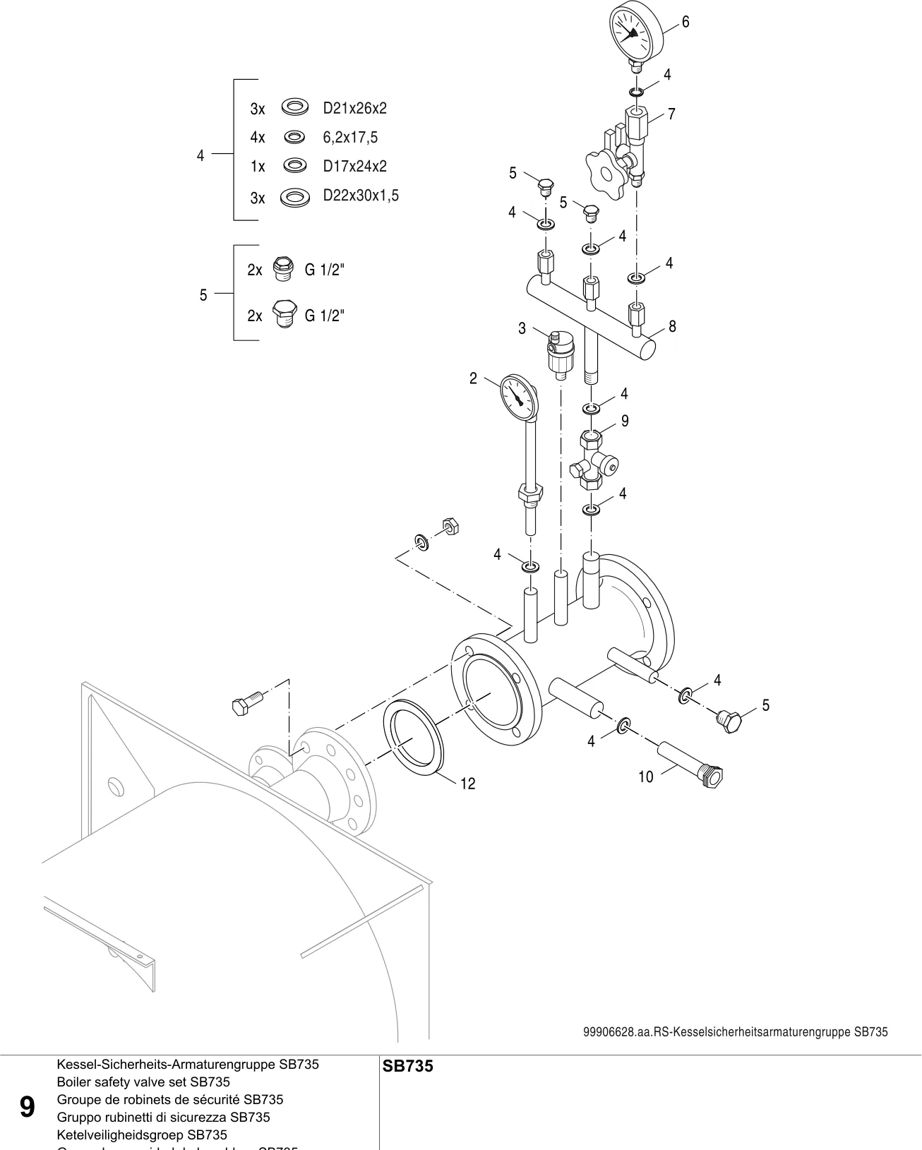 Schéma éclaté Kessel-Sicherheits-Armaturengruppe SB735 — Buderus SB735