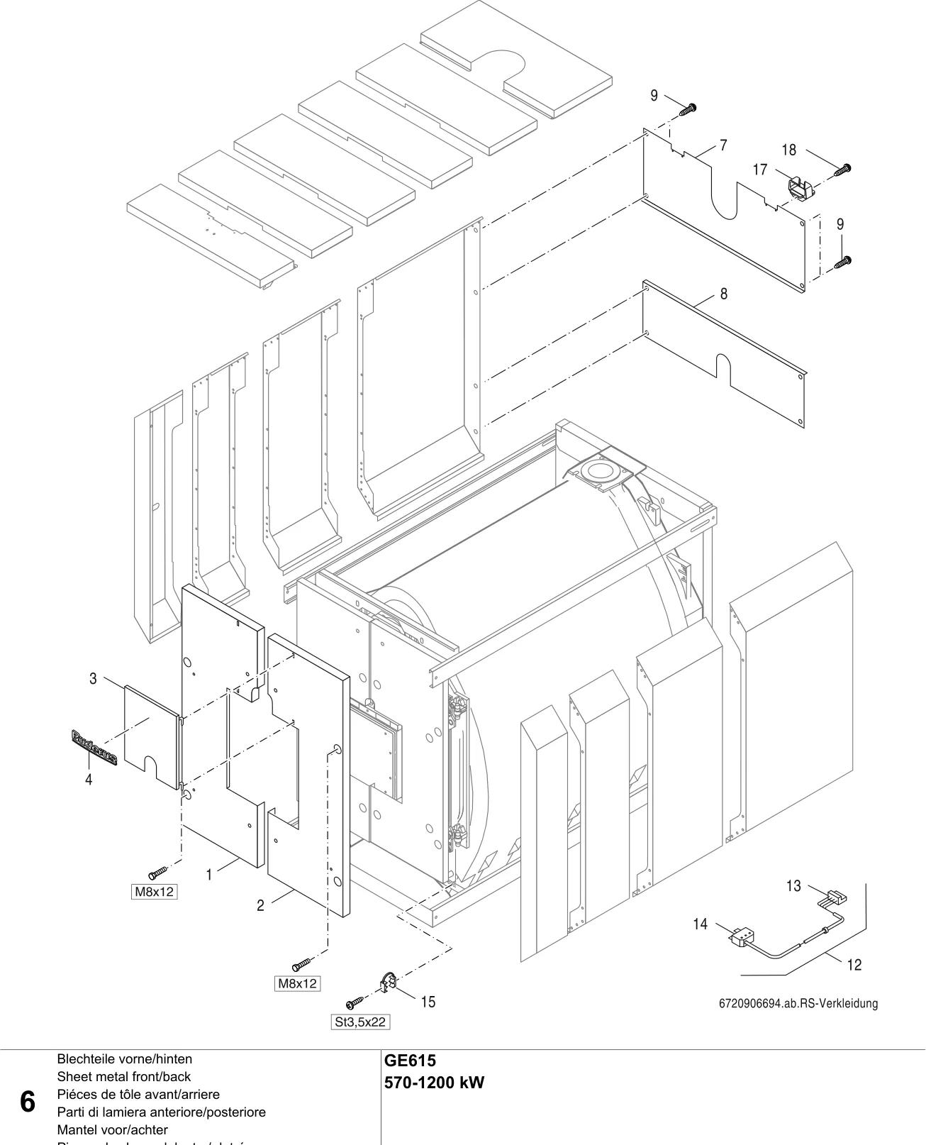 Schéma éclaté Piéces de tôle avant/arriere — Buderus GE615 570-1200 kW