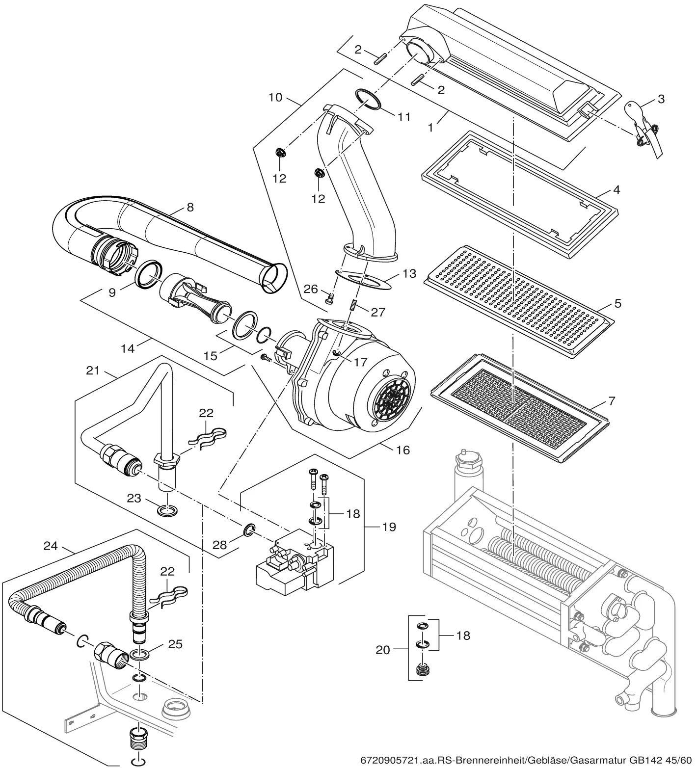Explosietekening Brûleur/Ventilateur/Bloc gaz (3) — Buderus GB142 15-60kW