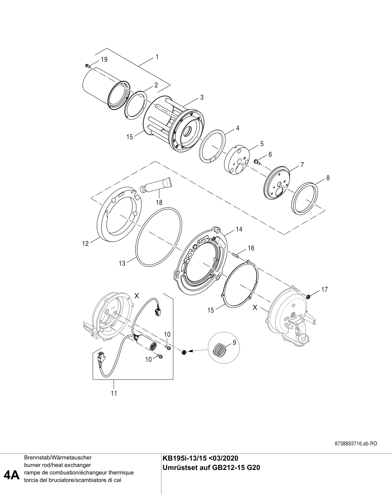Schéma éclaté rampe de combustion/échangeur thermique A — Buderus KB195i-13/15 V1<03/2020