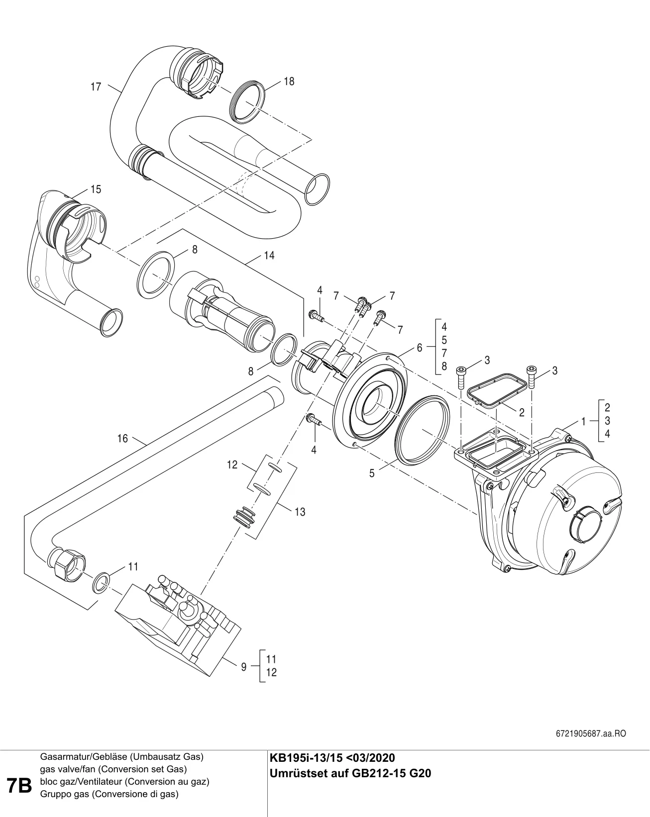 Schéma éclaté bloc gaz/Ventilateur (Conversion au gaz) B — Buderus KB195i-13/15 V1<03/2020