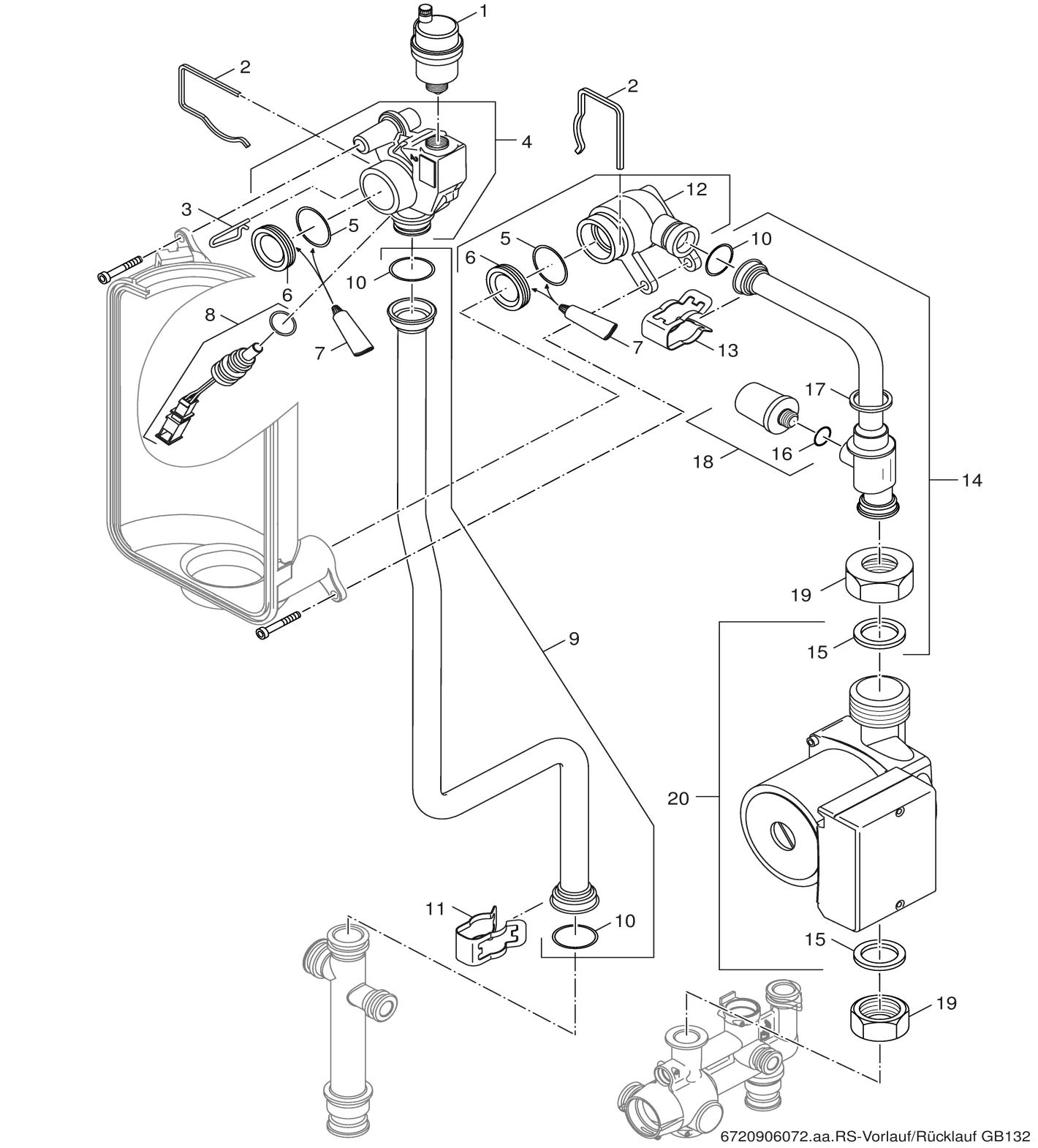 Schéma éclaté Dispositiv de départ / retour — Buderus GB132 24kW