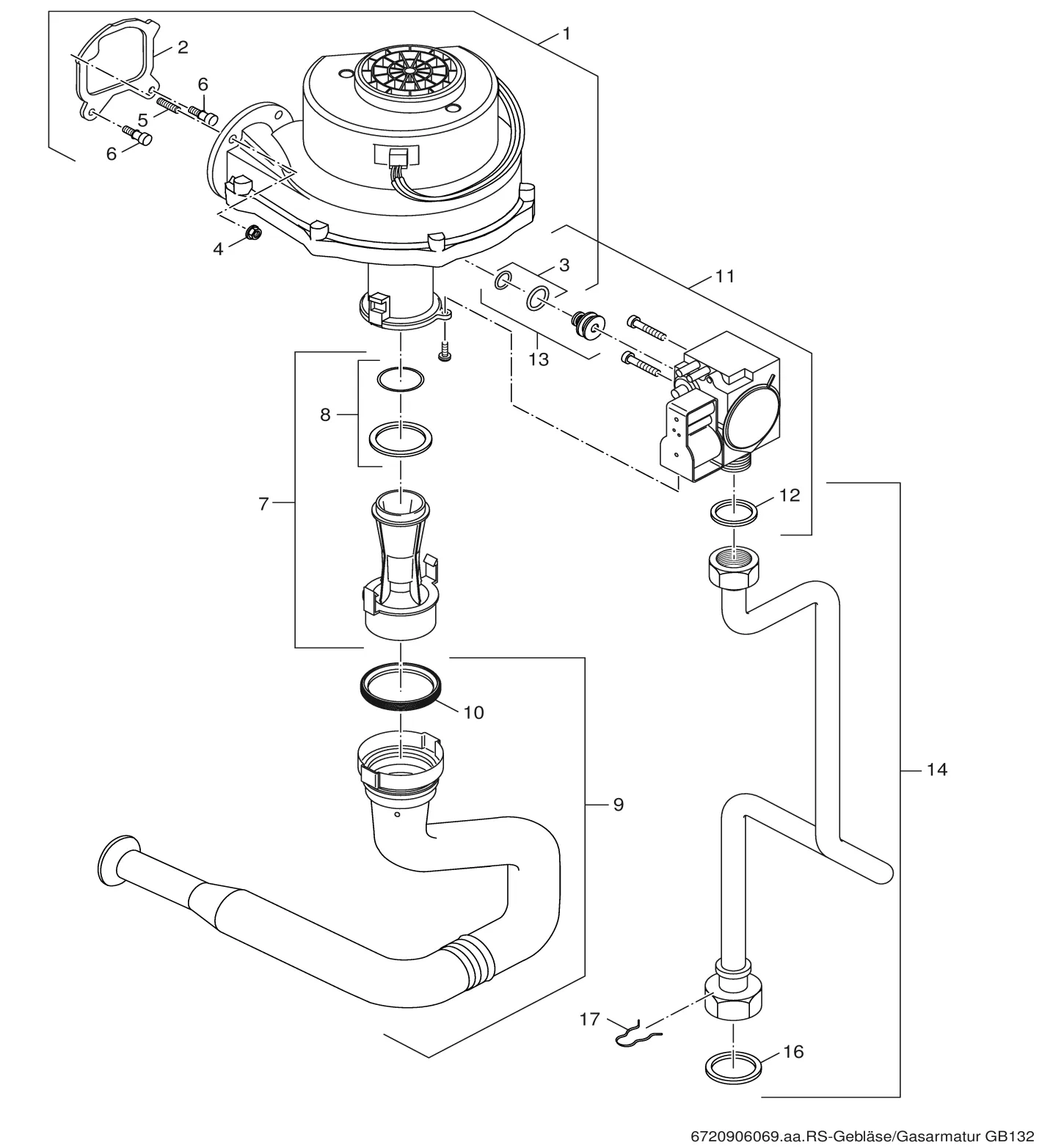 Schéma éclaté Ventilateur/Bloc gaz — Buderus GB132 24kW