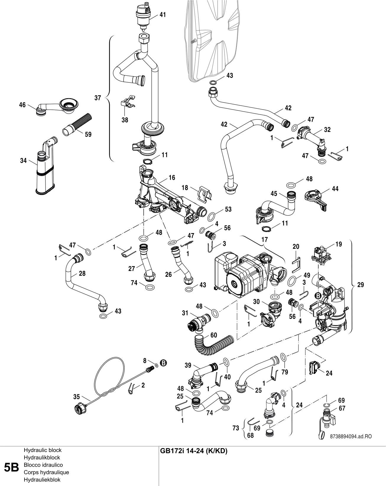 Explosietekening Corps hydraulique B — Buderus GB172i 14-24
