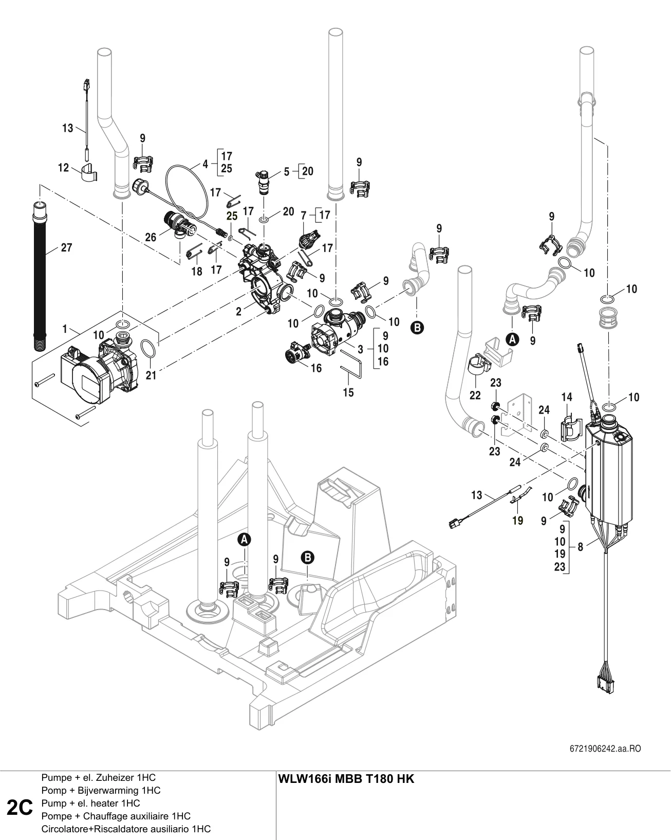 Schéma éclaté Pompe + Chauffage auxiliaire 1HC C — Buderus WLW166i MBB T180 HK