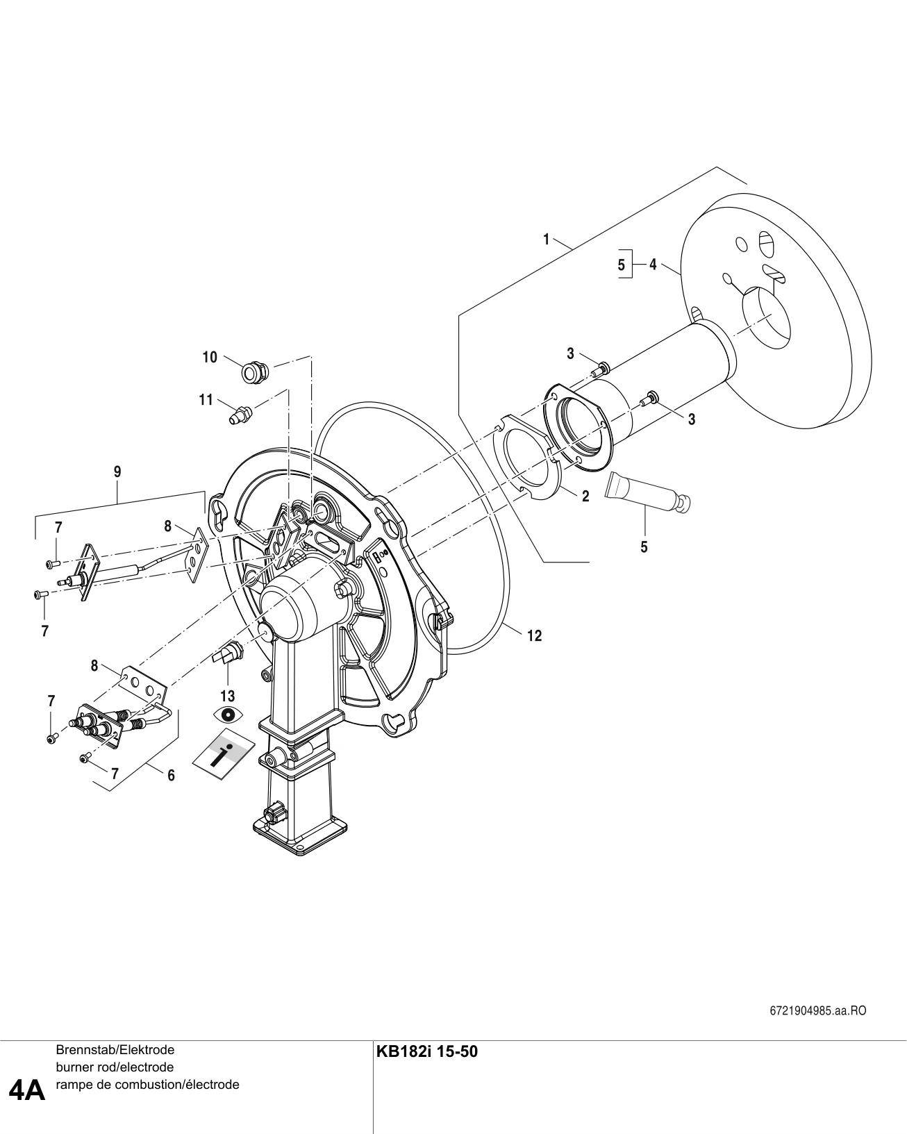 Schéma éclaté rampe de combustion/électrode A — Buderus KB182i 15-50