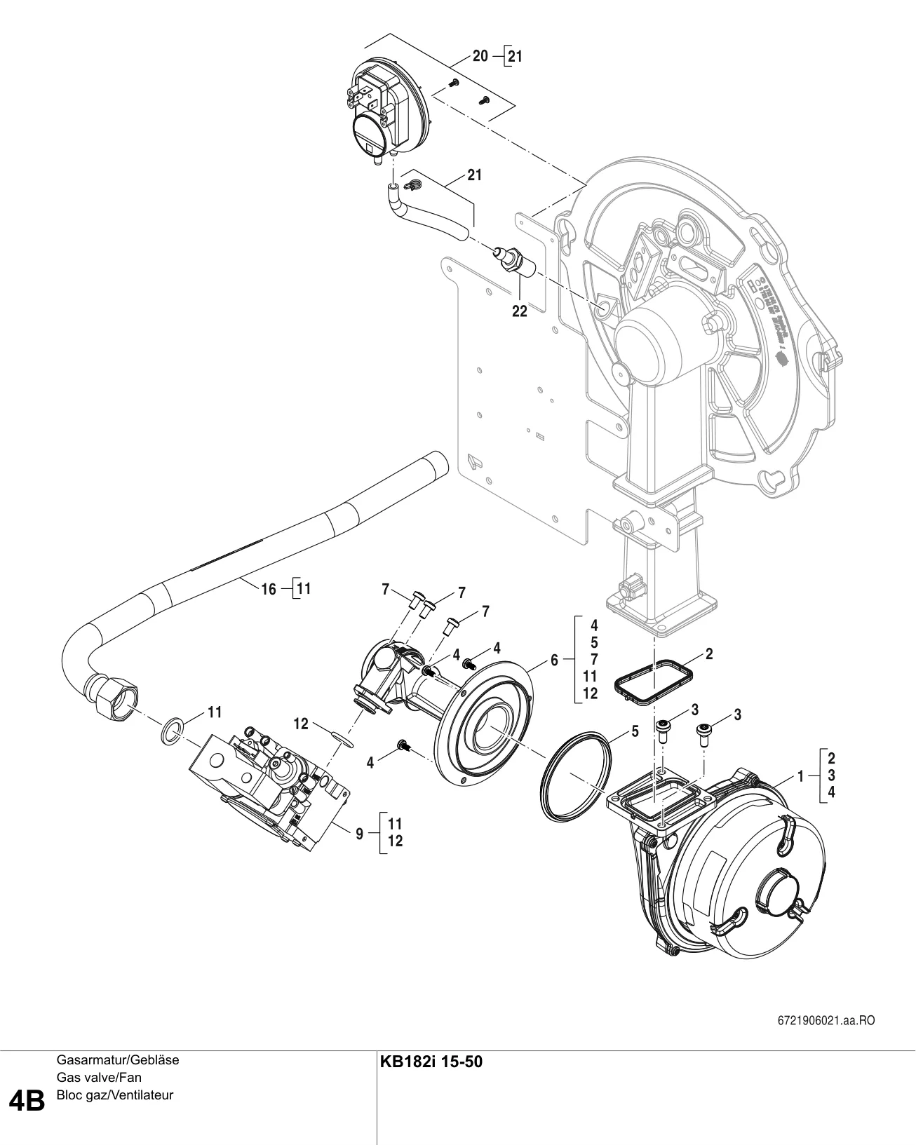 Schéma éclaté Bloc gaz/Ventilateur B — Buderus KB182i 15-50