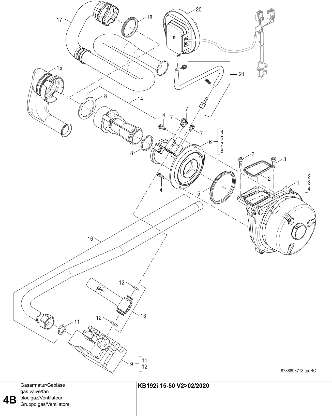 Explosietekening bloc gaz/Ventilateur B — Buderus KB192i-15-50kW V2>02/2020