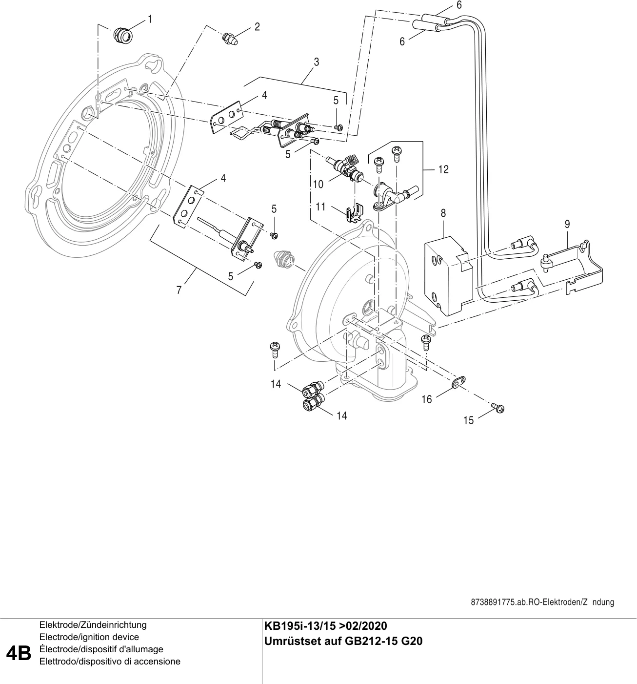 Schéma éclaté Électrode/dispositif d'allumage B — Buderus KB195i-13/15kW V2>02/2020