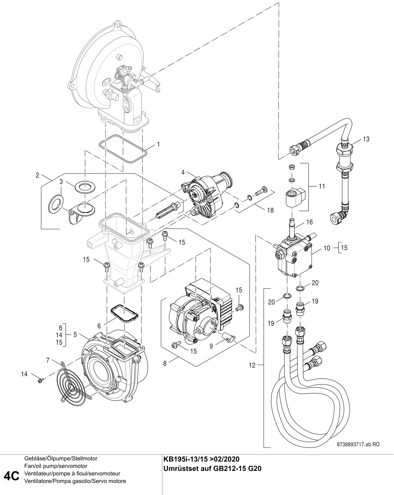 Schéma éclaté Ventilateur/pompe à fioul/servomoteur C — Buderus KB195i-13/15kW V2>02/2020