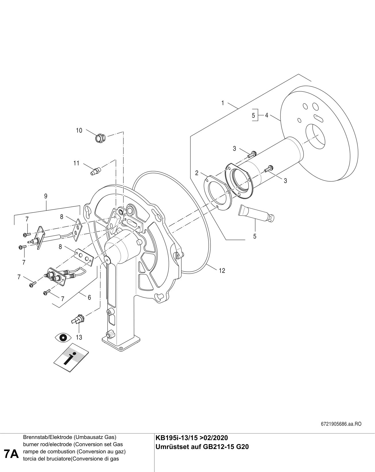 Schéma éclaté rampe de combustion (Conversion au gaz) A — Buderus KB195i-13/15kW V2>02/2020