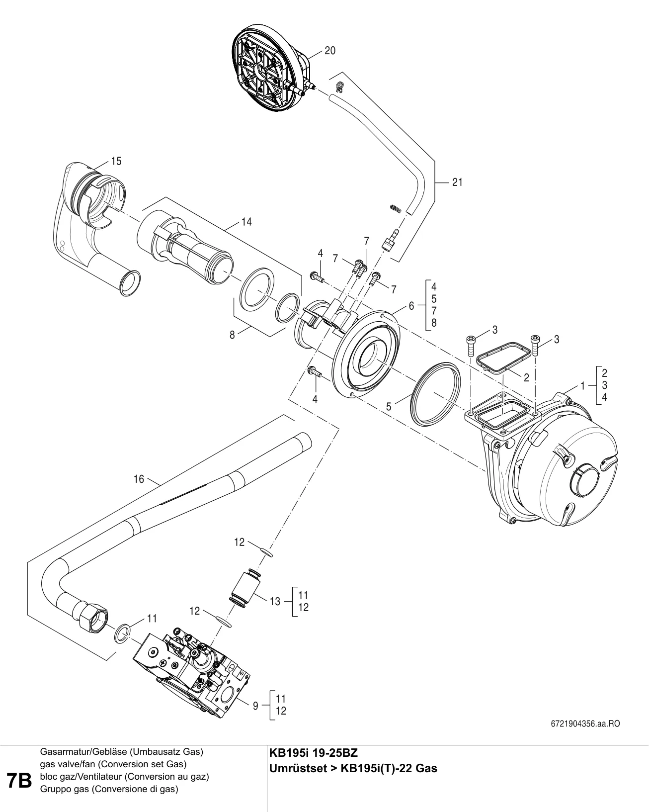 Schéma éclaté bloc gaz/Ventilateur (Conversion au gaz) B — Buderus KB195i BZ 19-25, Umrüstset KB195i(T)BZ>KB195i(T)-22 Gas
