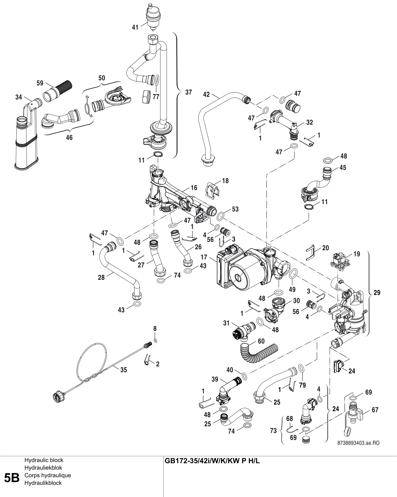 Schéma éclaté Corps hydraulique B — Buderus GB172-35/42i/W/K/KW P H/L
