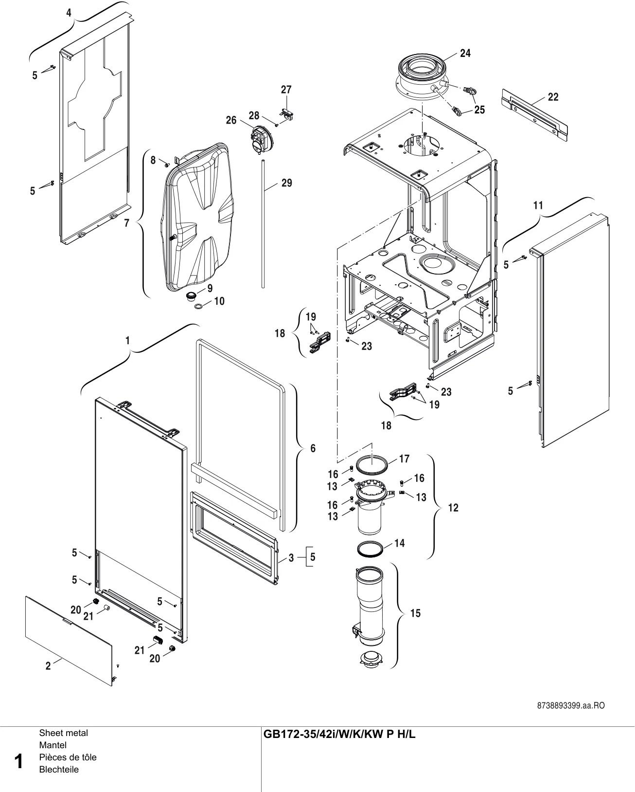 Schéma éclaté Pièces de tôle — Buderus GB172-35/42i/W/K/KW P H/L