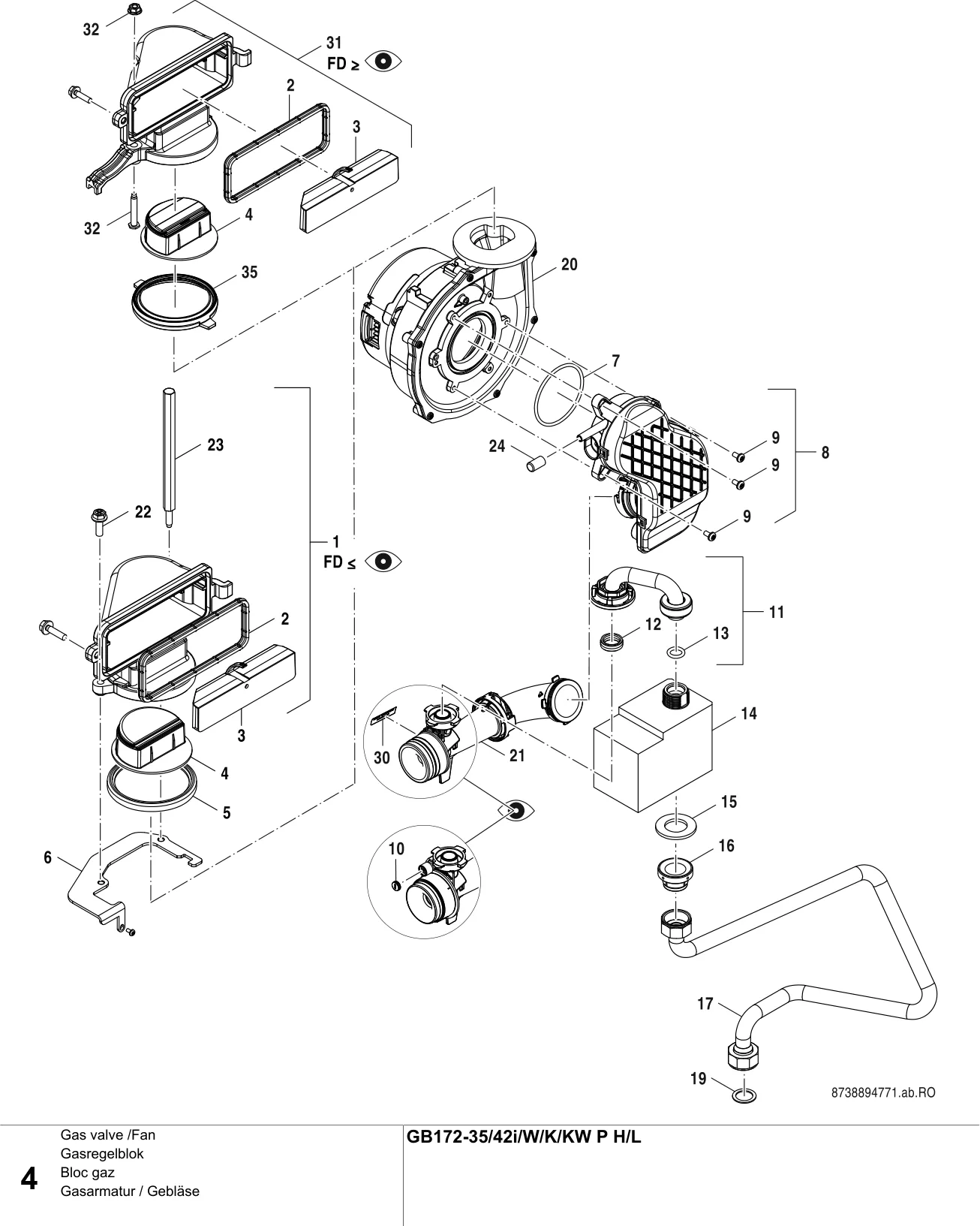 Schéma éclaté Bloc gaz — Buderus GB172-35/42i/W/K/KW P H/L