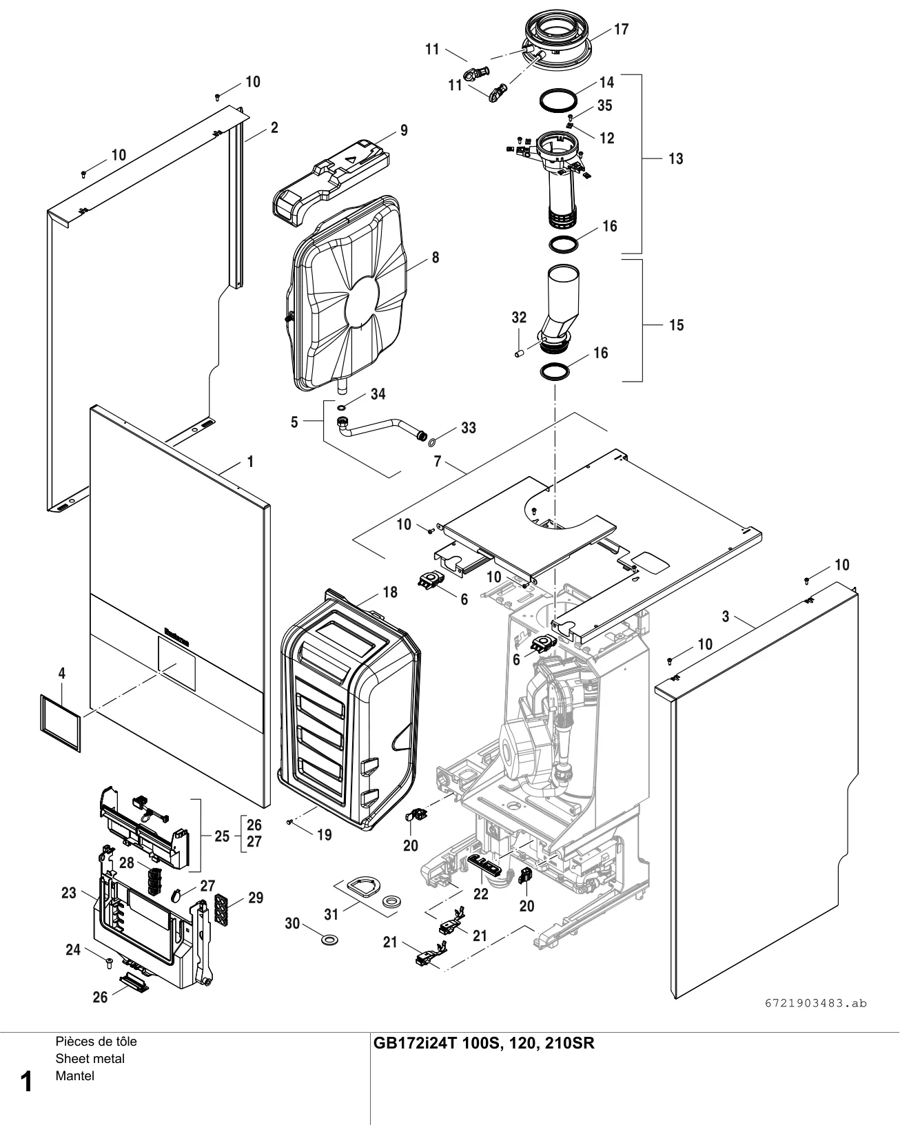Explosietekening Pièces de tôle — Buderus GB172i24 T100S,120,210SR