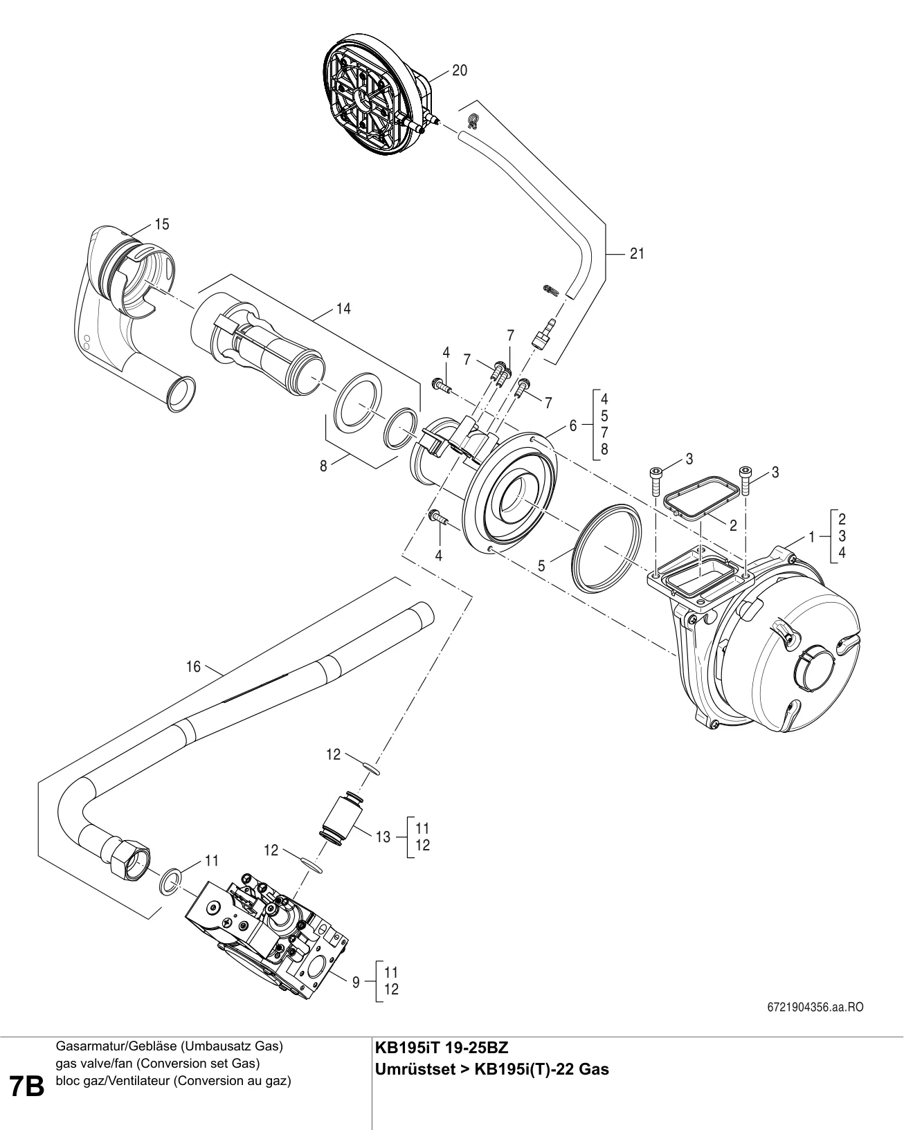 Schéma éclaté bloc gaz/Ventilateur (Conversion au gaz) B — Buderus KB195iT 19-25BZ, Umrüstset KB195i(T)BZ>KB195i(T)-22 Gas