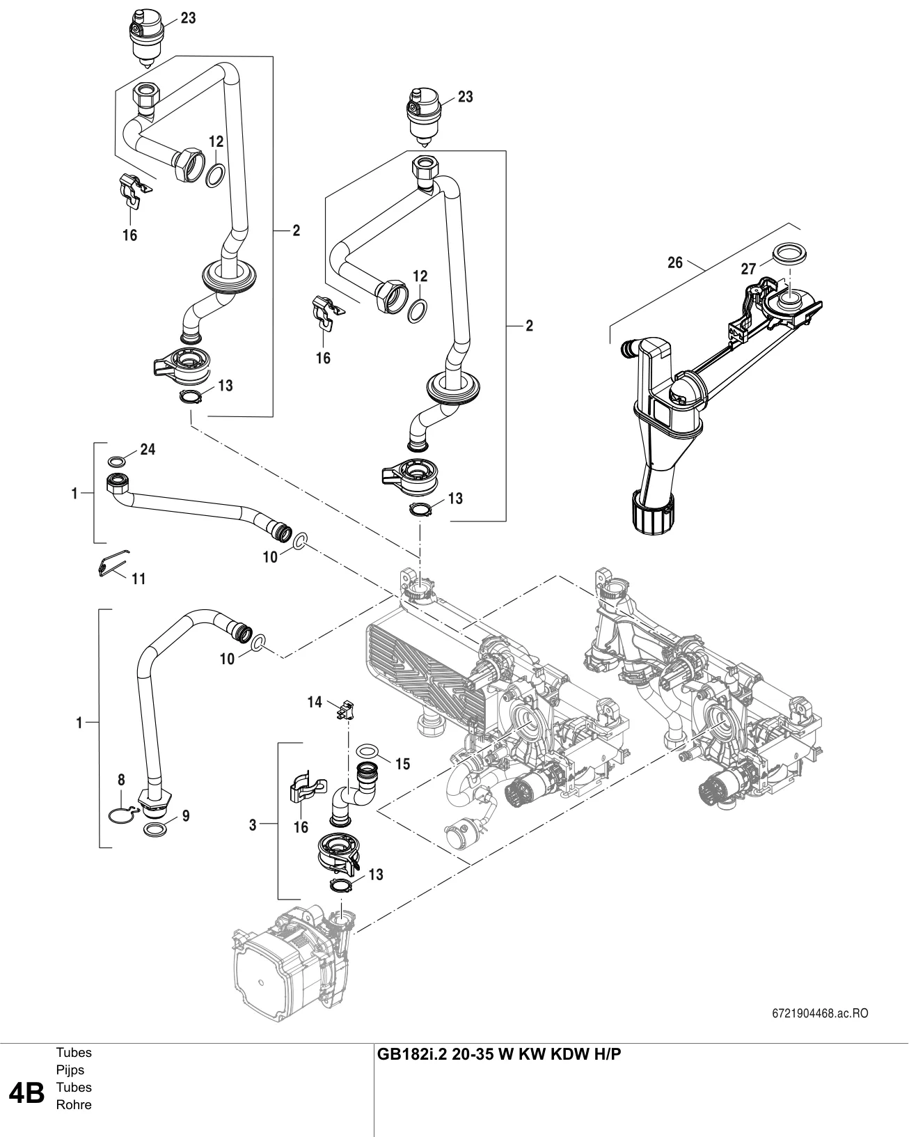 Schéma éclaté Tubes B — Buderus GB182i.2 20-35W KW KDW HP