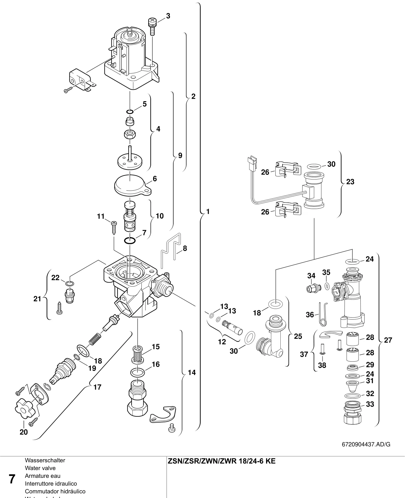 Schéma éclaté Armature eau — Buderus ZSN/ZSR/ZWN/ZWR 18/24-6 K